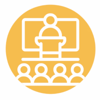 Illustration of Speaker at Podium with audience on a yellow background